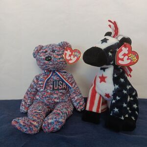 Ty Beanie Babies 2000 USA Bear And Lefty Donkey Plush Fourth of July